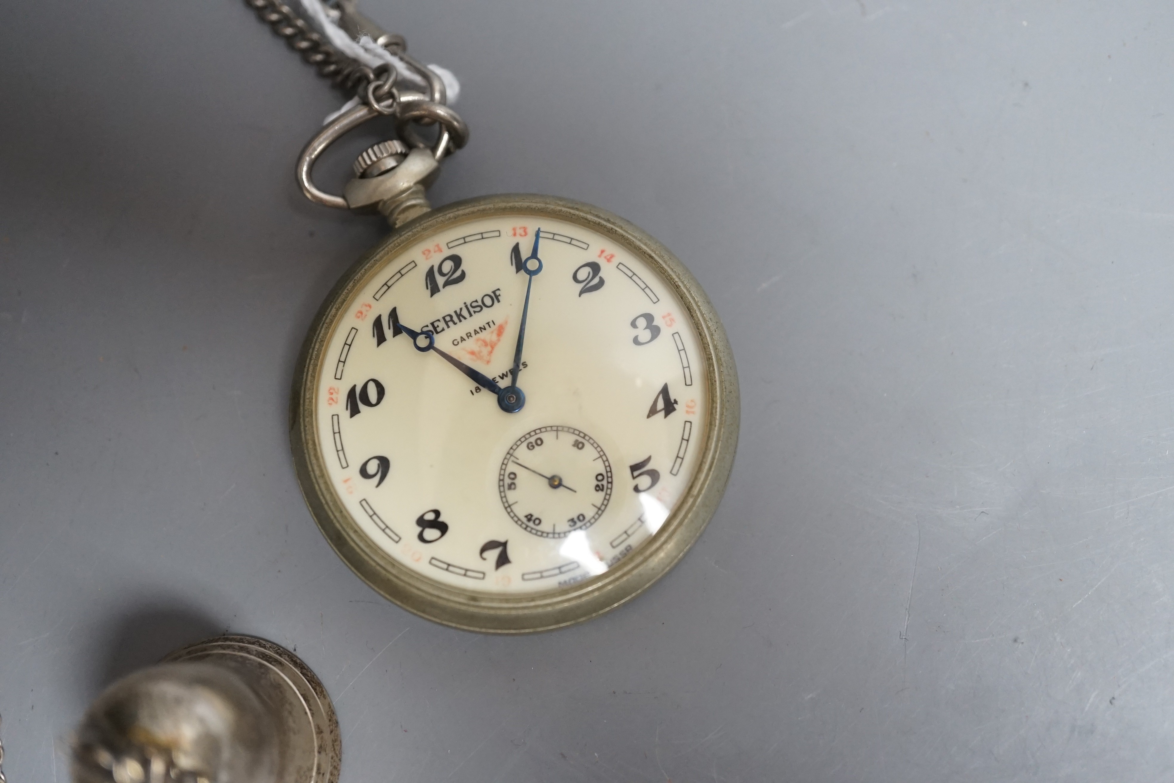 A Serkisof (Russian) pocket watch, two small silver items and a plated Recipe of Love spoon